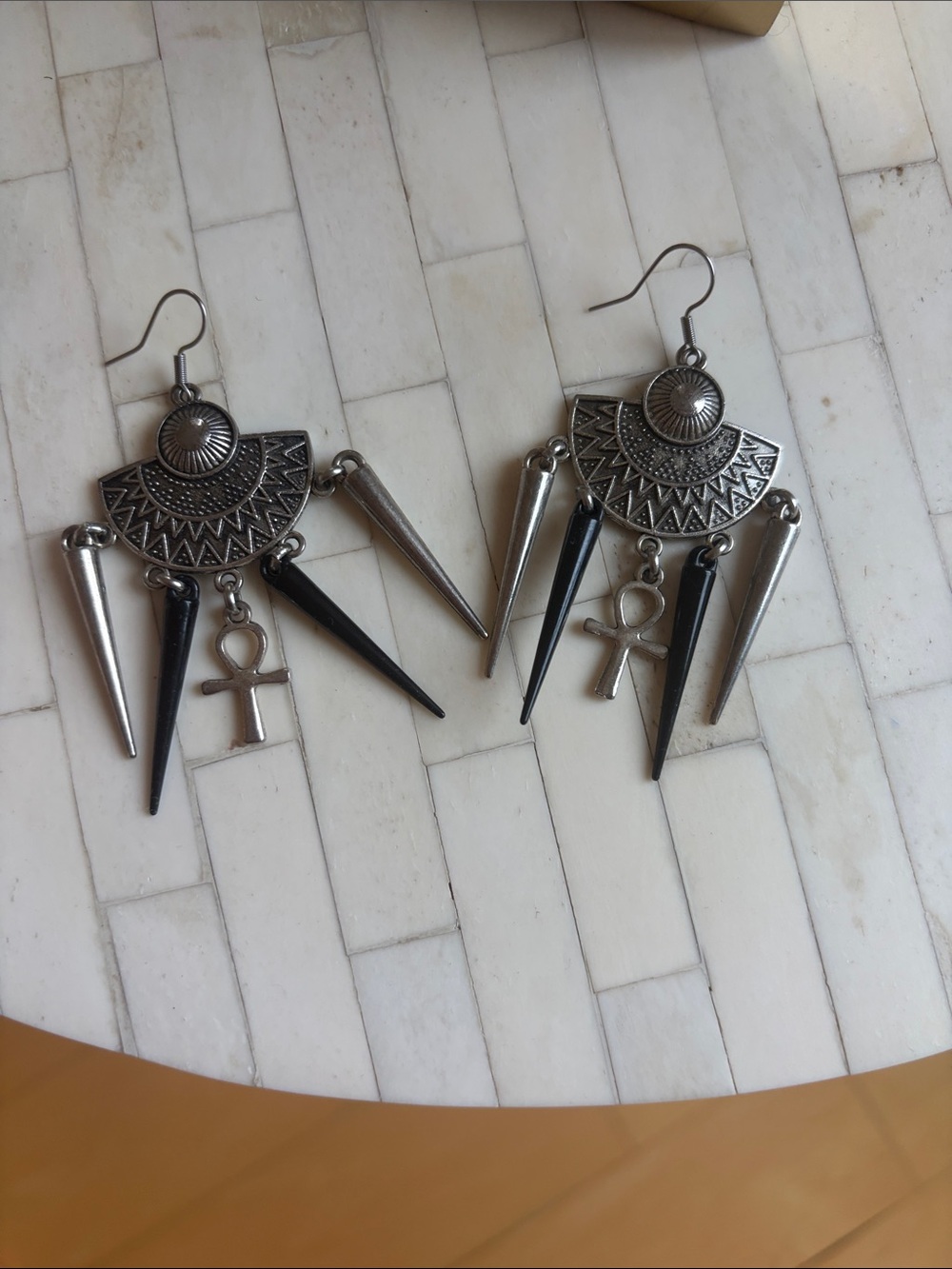 Silver-tone Tribal Ankh Dangle Earrings with Black Accents